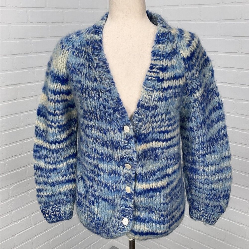 Mantessa Cardigan Womens Large Blue White Stripe Button Wool Nylon Italy VTG